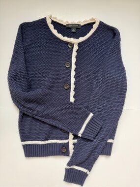 NWOT - Ann Taylor Navy Blue and White Scallop Trim Knit Cardigan Sweater Size XS